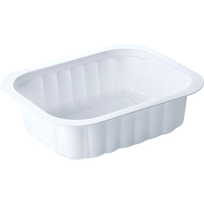 Das Duni GmbH PP-Schälchen Weiß PP 138x114 ist ein weißes, rechteckiges Speisetablett mit leicht ausgestellten Seiten und breitem Rand, abgebildet auf einem einfarbigen Hintergrund.