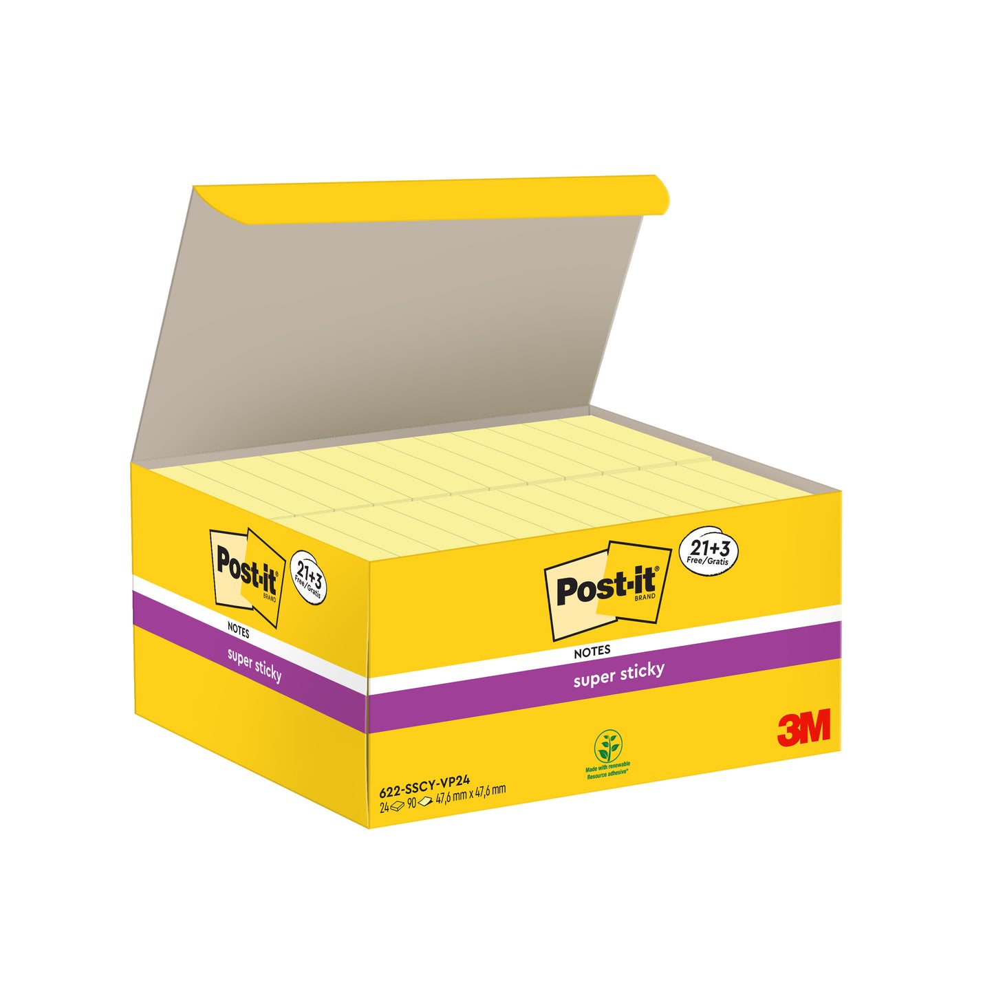 Otvorená žltá škatuľka s 3M Post-it® Super Sticky Notes (Žltá, 47,6x47,6mm, 90 listov/blok), reklamné balenie s 21 blokmi plus 3 blokmi zdarma, ukazuje logo a fialovo-biele produktové údaje. Vyrobené zo 100% PEFC-certifikovaného papiera.