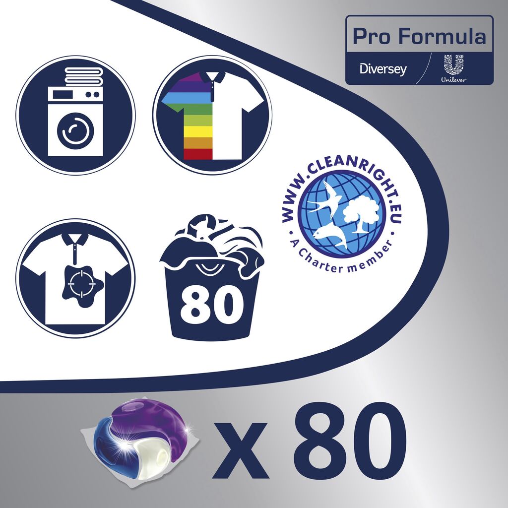 Eine Grafik zeigt Waschmaschinensymbole: Waschmaschine, Regenbogenhemd, fleckiges Hemd zur Fleckentfernung, Korb "80", Cleanright-Logo, Wäscheschale mit "x 80", Unilever- und Diversey-Logos. Omo Professional Active Clean 3in1 Kapseln von Diversey als professionelles Waschmittel.
