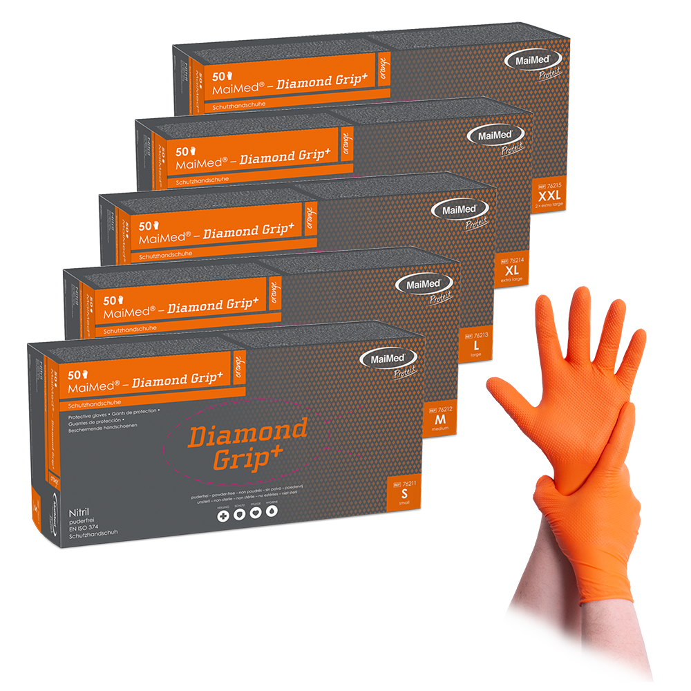 MaiMed-Diamond Grip+ oranžové, nesterilné nitrilové rukavice bez latexu