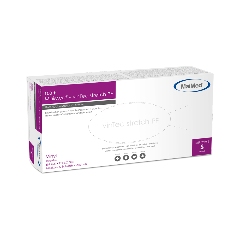 MaiMed-vinTec Stretch PF, nesterilné, práškové vinylové vyšetrovacie rukavice 100 kusov/balenie