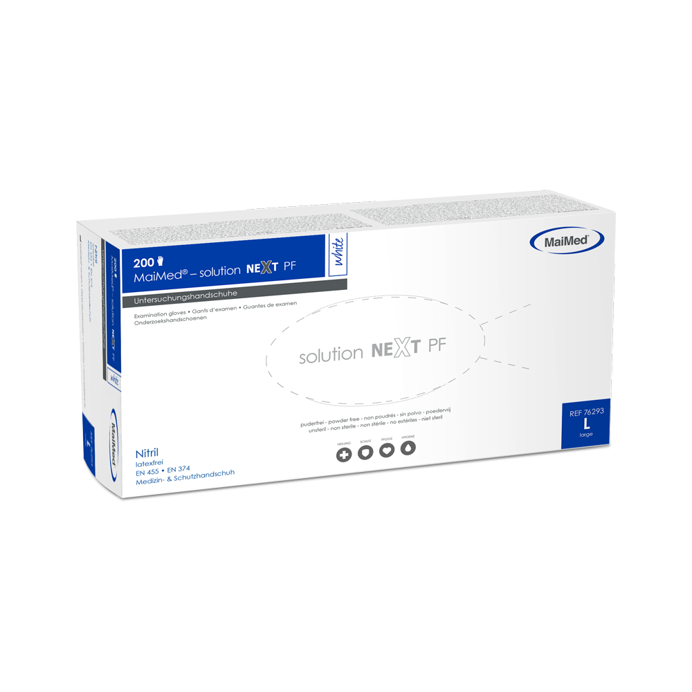 MaiMed-solution next biele nitrilové rukavice, nesterilné, bez latexu, 200 kusov/škatuľa