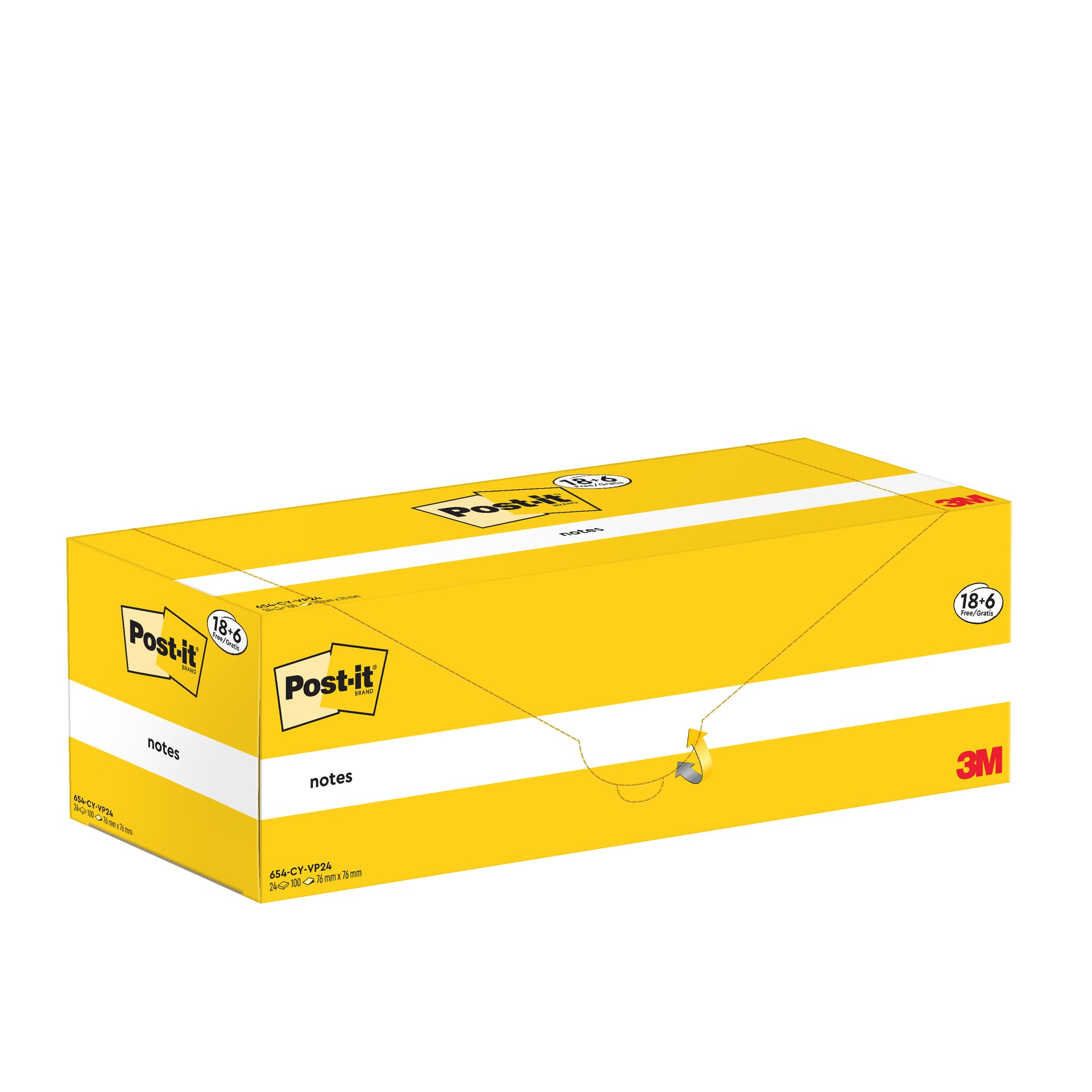 Eine versiegelte, gelbe, rechteckige Box mit Post-it® Notes (76 mm x 76 mm, 100 Blatt pro Block, 100% PEFC) von 3M Deutschland GmbH ist mit Branding und Produktangaben auf den Seiten versehen und für die Aufbewahrung mehrerer Haftnotizblöcke ausgelegt.