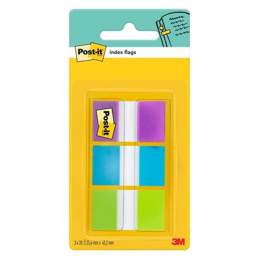 Balenie samolepiacich pásikov 3M Post-it® Index, štandardné (25,4 mm x 43,2 mm), 60 samolepiacich pásikov v rôznych farbách v dávkovači. Ideálne na usporiadanie dokumentov; s logami Post-it® a 3M Deutschland GmbH na obale.