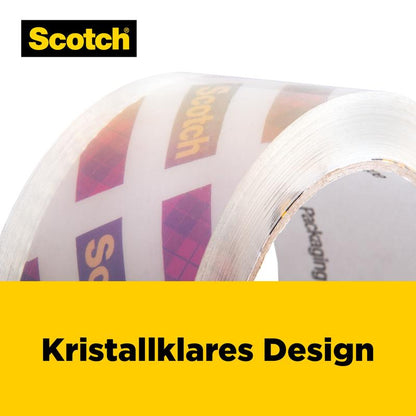 Detailný záber rolky Scotch® Box Lock™ baliacej pásky (48 mm x 20,3 m) od 3M Deutschland GmbH, na ktorej je viditeľné logo. Pod páskou je žltý banner s nápisom "Krištáľovo čistý dizajn" v čiernych písmenách.