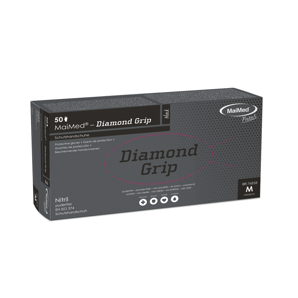 MaiMed-Diamond Grip čierne, nesterilné nitrilové rukavice bez latexu
