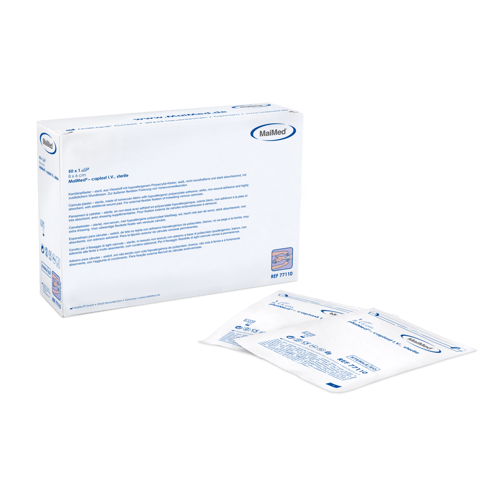 MaiMed-caplast I.V. sterilná 8x6cm kanylová náplasť s podložkou na rany 50x1ks/bal Krabička (50 kusov)