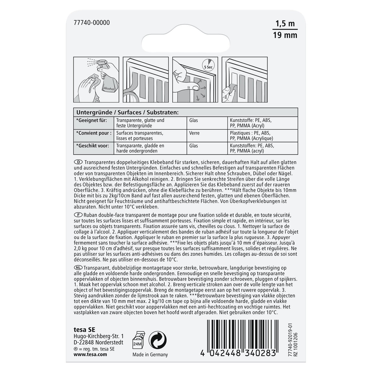 tesa Montageband für transparente Oberflächen und Glas, bis 20 kg/m 1,5 m x 19 mm