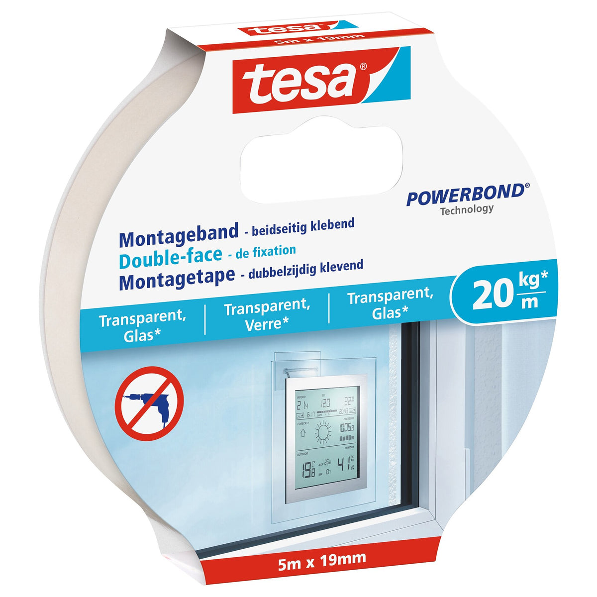 tesa Montageband für transparente Oberflächen und Glas, bis 20 kg/m 5 m x 19 mm