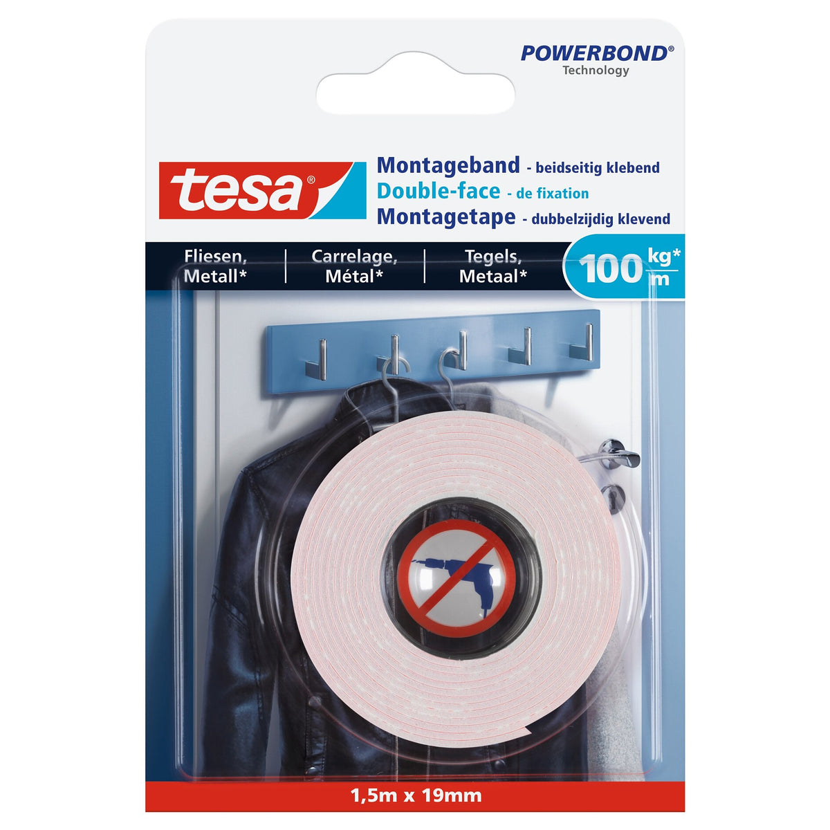 tesa Ultra starkes Montageband für Fliesen und Metall, weiß, bis 100 kg/m 1,5 m x 19 mm