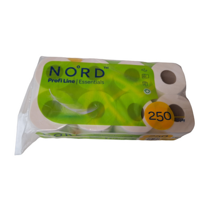 Balenie toaletného papiera CUP UP d.o.o., 2-vrstvové, 250 listov, zabalené v plastovom obale, s ôsmimi viditeľnými rolkami na balenie a zeleným označením. Text zdôrazňuje dvojvrstvovú kvalitu a uvádza, že je vyrobené zo 100 % celulózy.