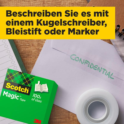 Balenie 3M Deutschland GmbH Scotch® Magic™ Neviditeľná lepiaca páska, obálka s "DÔVERNÉ", rolka pásky a poznámkový blok ležia na drevenom stole. Hore sa nachádza žlté textové pole s nemeckým písmom.