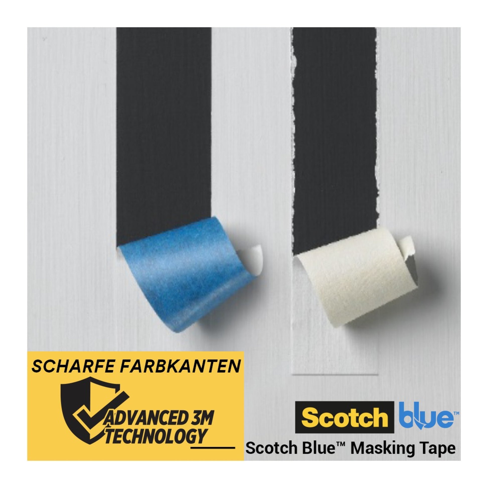Streifen von blauem und weißem Abdeckband werden von einer lackierten Oberfläche abgezogen, wobei saubere Lacklinien zum Vorschein kommen. Das Bild zeigt Logos und Text für ScotchBlue™ Malerabdeckband für scharfe Linien von 3M Deutschland GmbH.