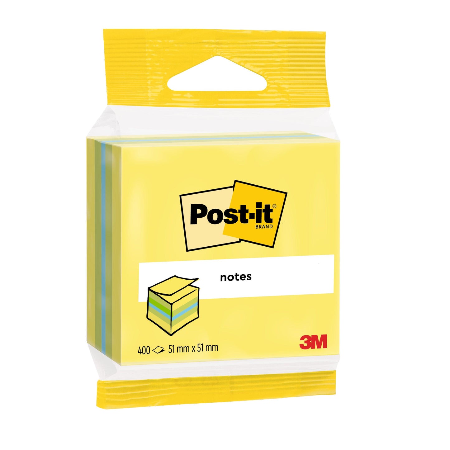 Balenie Post-it® Notes Mini Cube od 3M Deutschland GmbH obsahuje 400 listov vo formáte 51 x 51 mm, má žltý obal s logom značky a obrázkom poznámkového bloku a je vyrobené zo 100 % PEFC certifikovaného papiera.