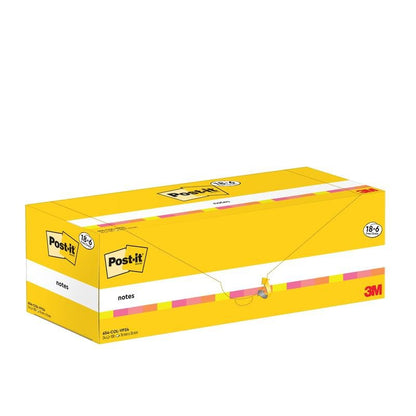 Žltá, obdĺžniková škatuľka Post-it® Notes (76 mm x 76 mm, 100 listov/blok, 100% PEFC) od 3M Deutschland GmbH je potlačená logom Post-it a údajmi o produkte na obale.