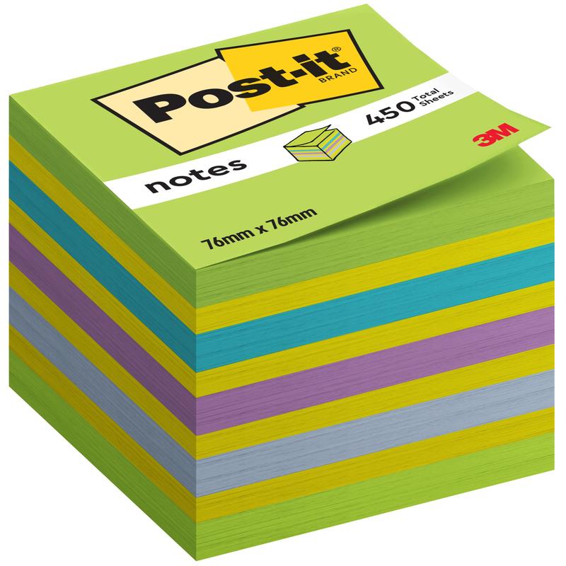 Stoh kociek Post-it® Notes, 76 mm x 76 mm, 450 listov/blok, 100% PEFC od 3M Deutschland GmbH v zelených, modrých, fialových a žltých farbách s etiketou s produktovými detailmi a logom značky.