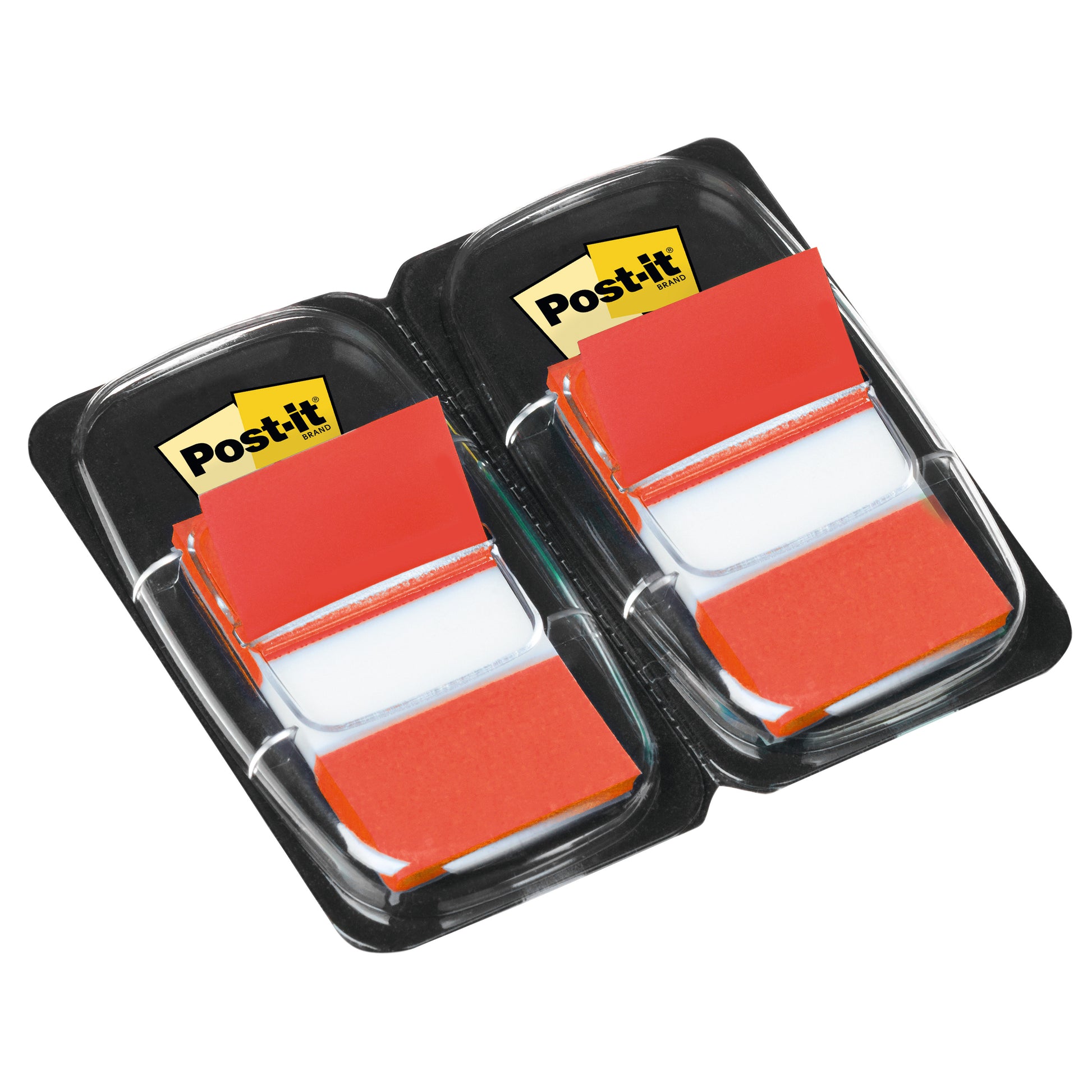 Eine Packung Post-it® Index Haftstreifen der 3M Deutschland GmbH enthält zwei Spender mit je 50 roten Standard-Haftfahnen (25,4 mm x 43,2 mm).
