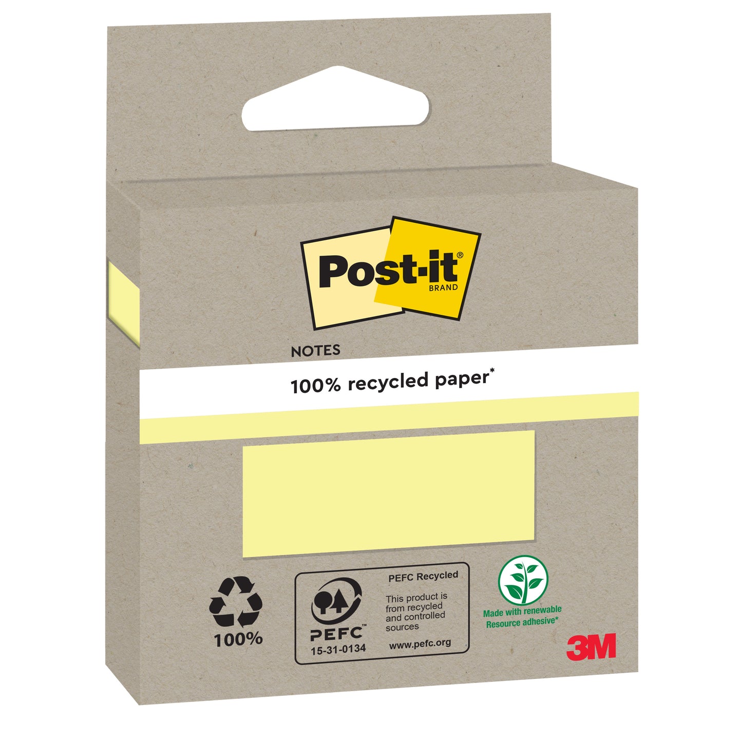 Eine Packung Post-it® Recycling Notes (76x76 mm, 100 Blatt, 100% PEFC) der 3M Deutschland GmbH zeigt umweltfreundliche Logos und ein gelbes Post-it® Logo auf einer braunen Kartonschachtel mit Aufhängelasche.
