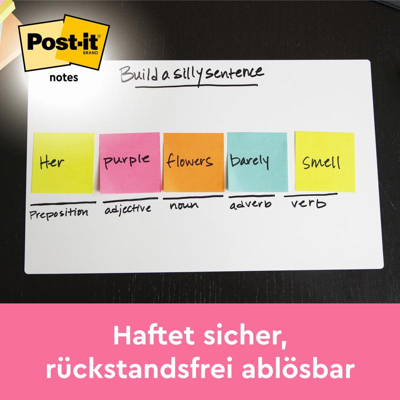 Na tabuli je sada piatich farebných Post-it® Notes z Energetic Collection (38 mm x 51 mm, 12 blokov/balenie) od 3M Deutschland GmbH, nad nimi "Bezpečne priľne, ľahko odstrániteľné bez zvyškov." Perfektné pre kancelársku organizáciu.