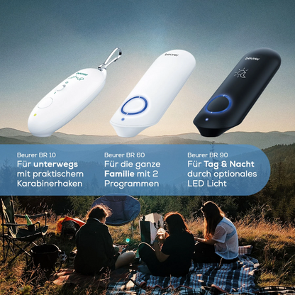Beurer GmbH BR 60 liečiteľ bodnutí hmyzom je zobrazený nad kempingovou scénou s karabínou, dvoma programami a voliteľným LED svetlom - ideálny na ošetrenie bodnutí hmyzom vonku.