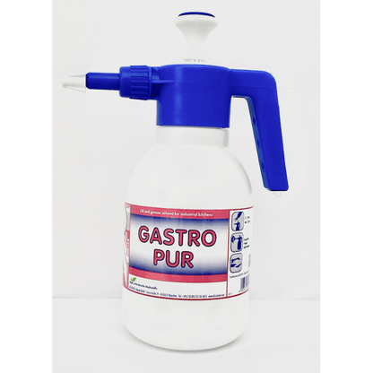 Biely DR.SCHNELL GmbH & Co. KGaA rozprašovač (1,5 L, prázdne dávkovacie pomôcky) s nápisom "GASTRO PUR" s modrou rukoväťou a tryskou, na odstraňovanie oleja a tuku vo veľkých kuchyniach, s jasným návodom a praktickou dávkovacou pomôckou.