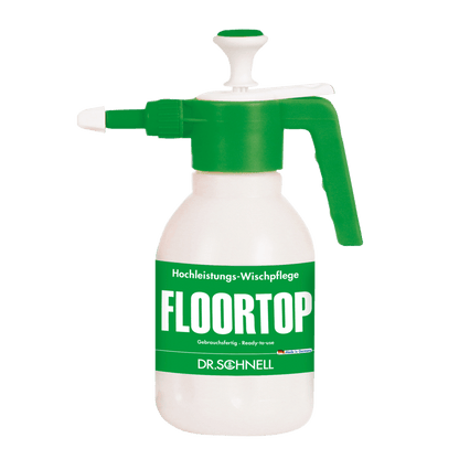 Biela plastová rozprašovacia fľaša Dr. Schnell s objemom 1,5 litra od DR.SCHNELL GmbH & Co. KGaA, so zelenou pumpou a tryskou, s nápisom "FLOORTOP" veľkými písmenami a "DR. SCHNELL" v nemeckom písme na spodnej časti.
