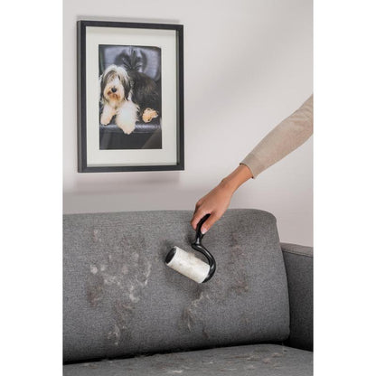 So Scotch-Brite™ Everyday Clean Fusselroller na ploché povrchy (56 listov, 1/balenie) od 3M Deutschland GmbH niekto odstraňuje zvieracie chlpy zo sivého látkového gauča pod fotografiou psa.