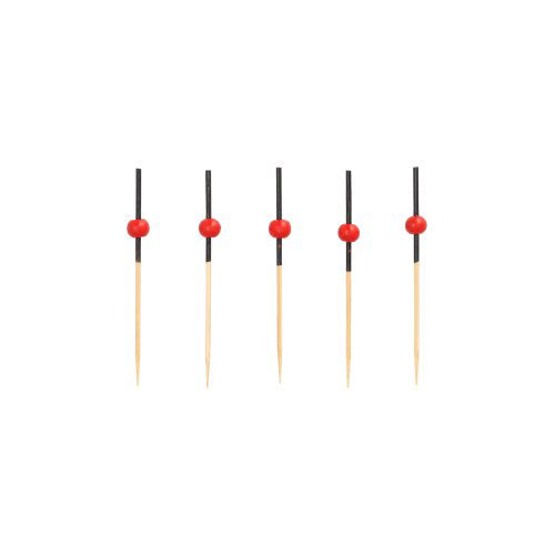 Päť PAPSTAR 250 Fingerfood - špáradiel od PAPSTAR GmbH, z dreva s čiernymi puzdrami a červenými korálkami, vertikálne usporiadané v rade pred bielym pozadím.