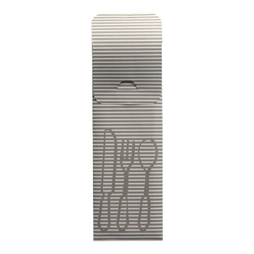 Týchto 100 vreckoviek na príbor (23,5 x 7,3 cm) od PAPSTAR GmbH má sivobiele pruhy, kresby príboru a otvorenú klapku s farebnou bistro servítkou – ideálne pre štýlovú prezentáciu príboru v akomkoľvek gastronomickom prostredí.