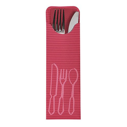 Týchto 100 vreckoviek na príbor (23,5 x 7,3 cm) od PAPSTAR GmbH má červenú bistro servítku s bielymi kontúrami príboru a sú dodávané s kovovou vidličkou a nožom – ideálne pre gastronómiu.