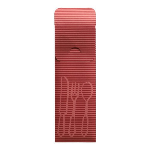 Týchto 100 vreckoviek na príbor (23,5 x 7,3 cm) od PAPSTAR GmbH sú červené, pozdĺžne rebrované papierové vreckovky s vyrazenými vidličkami, nožmi a lyžicami, s vrchnou klapkou a farebnou bistro servítkou – ideálne pre gastronomické použitie.