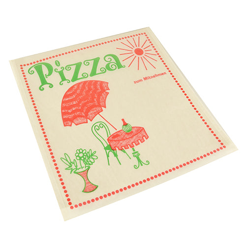 Pergaminové vrecká na pizzu 30x30 cm od PAPSTAR GmbH sú vybavené červeno-zeleným nápisom "Cafeteria", veľkým nápisom "Pizza" a nápisom "na odniesť". Mastnoty odolné a ideálne na pizzu na odniesť. Balenie so 100 kusmi, zabalené v zmršťovacej fólii.