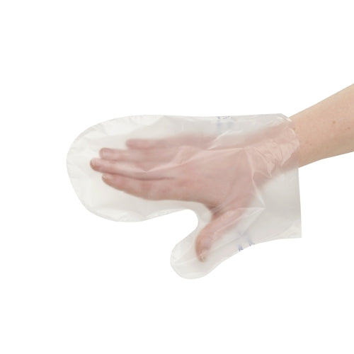 Abgebildet ist eine Hand, die eine PAPSTAR Fäustlinge, transparente Handschuhe für hygienische Anwendungen von PAPSTAR GmbH trägt, vor einem weißen Hintergrund.