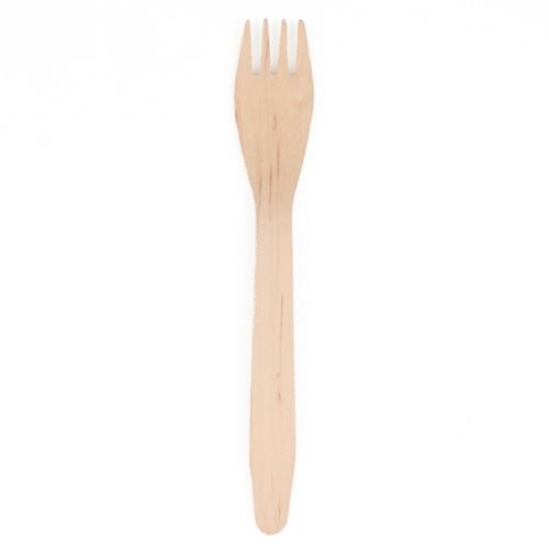 Jeden PAPSTAR Drevená vidlička „pure“ (16,5 cm, ekologická a pevná) od PAPSTAR Na bielom pozadí je vidieť spoločnosť s ručením obmedzeným so štyrmi hrotmi.