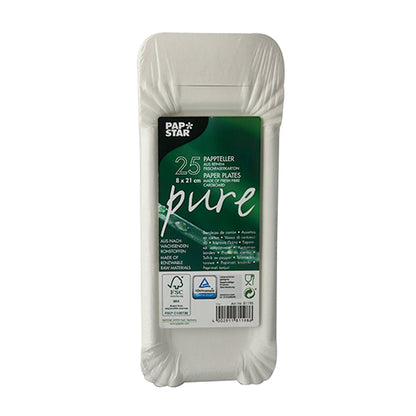 Ein 25er-Pack runder weißer Einwegteller aus nachhaltiger Pappe der PAPSTAR GmbH, Serie „Pure“, in überwiegend weißer Verpackung mit grünem Etikett mit Produktdetails in mehreren Sprachen.