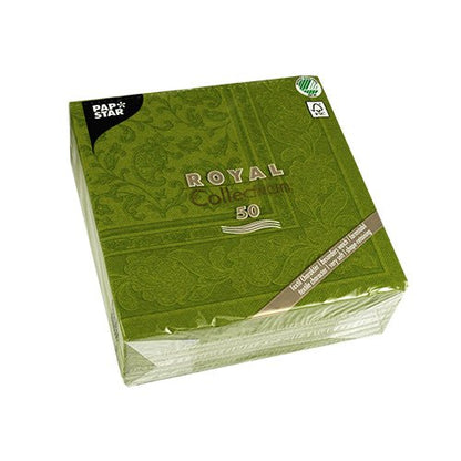 Zelené balenie PAPSTAR GmbH 50 obrúskov "ROYAL Collection" 1/4 sklad, 40 x 40 cm, s jemným kvetinovým dizajnom a ekologickými etiketami - ideálne na slávnostné príležitosti.