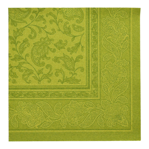 Grüne quadratische Serviette aus der PAPSTAR 20 Servietten "ROYAL Collection" (40 x 40 cm, 1/4-Falz) der PAPSTAR GmbH mit eleganter Paisley- und Blattbordüre - ideal für die stilvolle Tischdekoration.