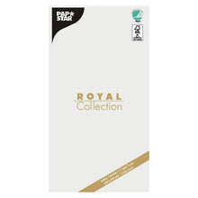 Obrus z tkaniny „ROYAL Collection“ (120 x 180 cm) spoločnosti PAPSTAR GmbH s bielym pozadím, zlatým textom a dvoma certifikačnými logami v pravom hornom rohu – ideálny na dodanie elegancie vašej stolovej dekorácii.