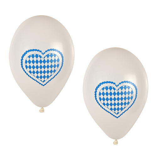 Zwei PAPSTAR Luftballons "Bayrisch Blau" (Ø 25 cm) der PAPSTAR GmbH mit klassischem blau-weißem Rautenherz sind nebeneinander abgebildet - eine ideale Oktoberfest-Dekoration aus dem 20-teiligen Party-Pack.