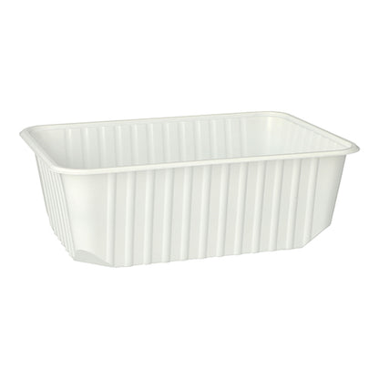 Der Starpak 50 Verpackungsbecher ist ein weißer, rechteckiger 1-Liter-PP-Vorratsbehälter (6,3 × 18,6 × 13,3 cm) mit vertikalen Seitenrippen und abgerundeten Ecken, erhältlich in einer Packung zu 50 Stück, abgebildet vor einem weißen Hintergrund.