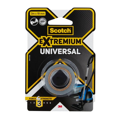 Balenie lepiacej pásky Scotch® Extremium™ Universal, 3 m x 19 mm, strieborné, od 3M Deutschland GmbH s motívom vysávača na prednej strane a silovým stupňom 3/6 na obale.