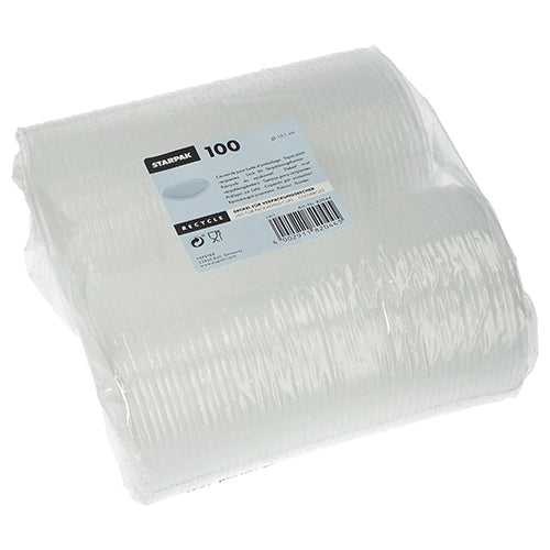Priehľadné balenie obalené fóliou so 100 Starpak vekami pre obalové poháre (okrúhle, Ø10,1 cm, 0,8 cm) z PP. Na etikete sú zobrazené detaily produktu, čiarový kód a recyklačné symboly.
