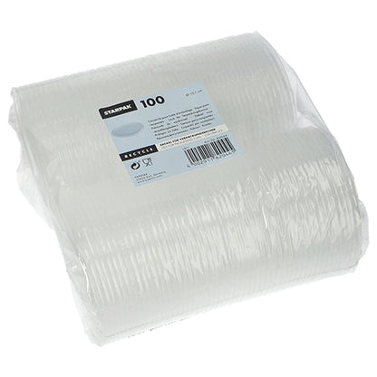 Priehľadné balenie obalené fóliou so 100 Starpak vekami pre obalové poháre (okrúhle, Ø10,1 cm, 0,8 cm) z PP. Na etikete sú zobrazené detaily produktu, čiarový kód a recyklačné symboly.