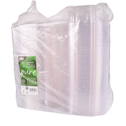 Balenie zabalené v priehľadnej plastovej fólii s 50 PAPSTAR „pure“ priehľadnými PLA delikatesnými a šalátovými miskami s klapkovým viečkom, so zeleno-bielou etiketou na prednej strane s obchodnou značkou a informáciami o recyklácii od PAPSTAR GmbH.