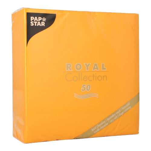 Eine Packung mit 50 PAPSTAR Servietten "ROYAL Collection" 1/4-Falz 40 x 40 cm terracotta Servietten von PAPSTAR GmbH, Farbe orange, in Plastik verpackt mit goldenem und weißem Text auf der Vorderseite.