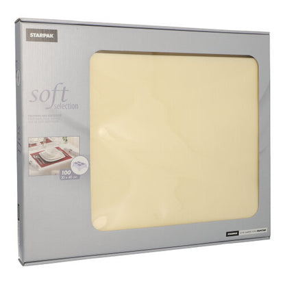 Krabica Starpak Soft Selection stolových súprav z látkového netkaného textilu obsahuje 100 krémových súprav vo formáte 30 x 40 cm. Čiastočne priehľadné balenie ukazuje detaily – ideálne pre elegantnú stolovú dekoráciu alebo vhodné servítky.