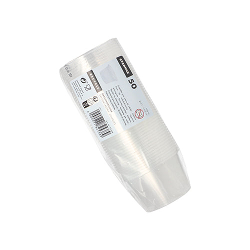 Balenie s 50 Starpak dressing pohármi (PP, okrúhly, Ø 7,1 cm, priehľadné) je naskladané a zabalené v priehľadnom plaste s bielym štítkom s detailmi o produkte a čiarovým kódom – perfektné pre cateringové služby alebo na použitie ako dressing pohár.