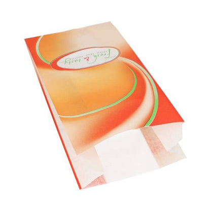 Starpak 1000 pruhovaných sáčkov (33x16x8,7 cm) v bielej farbe s dizajnom „Fresh & Tasty“ leží naplocho a otvorene na bielom pozadí, ideálne na uchovávanie potravín. Zo zmršťovacej fólie. Balenie obsahuje 1000 sáčkov.