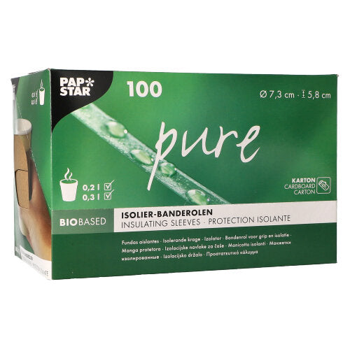 Zeleno-biela dávkovačná krabica od PAPSTAR GmbH obsahuje 100 "čistých" hnedých banderol pre poháre na horúce nápoje (Ø 7,3 cm) s produktovými informáciami a symbolmi na obale.