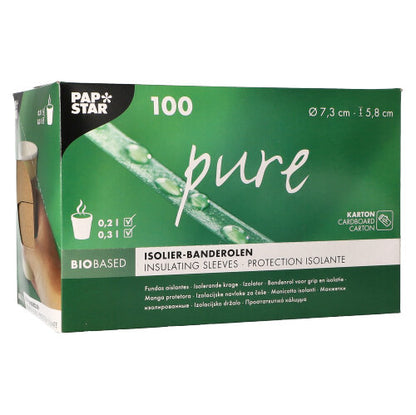 Zeleno-biela dávkovačná krabica od PAPSTAR GmbH obsahuje 100 "čistých" hnedých banderol pre poháre na horúce nápoje (Ø 7,3 cm) s produktovými informáciami a symbolmi na obale.